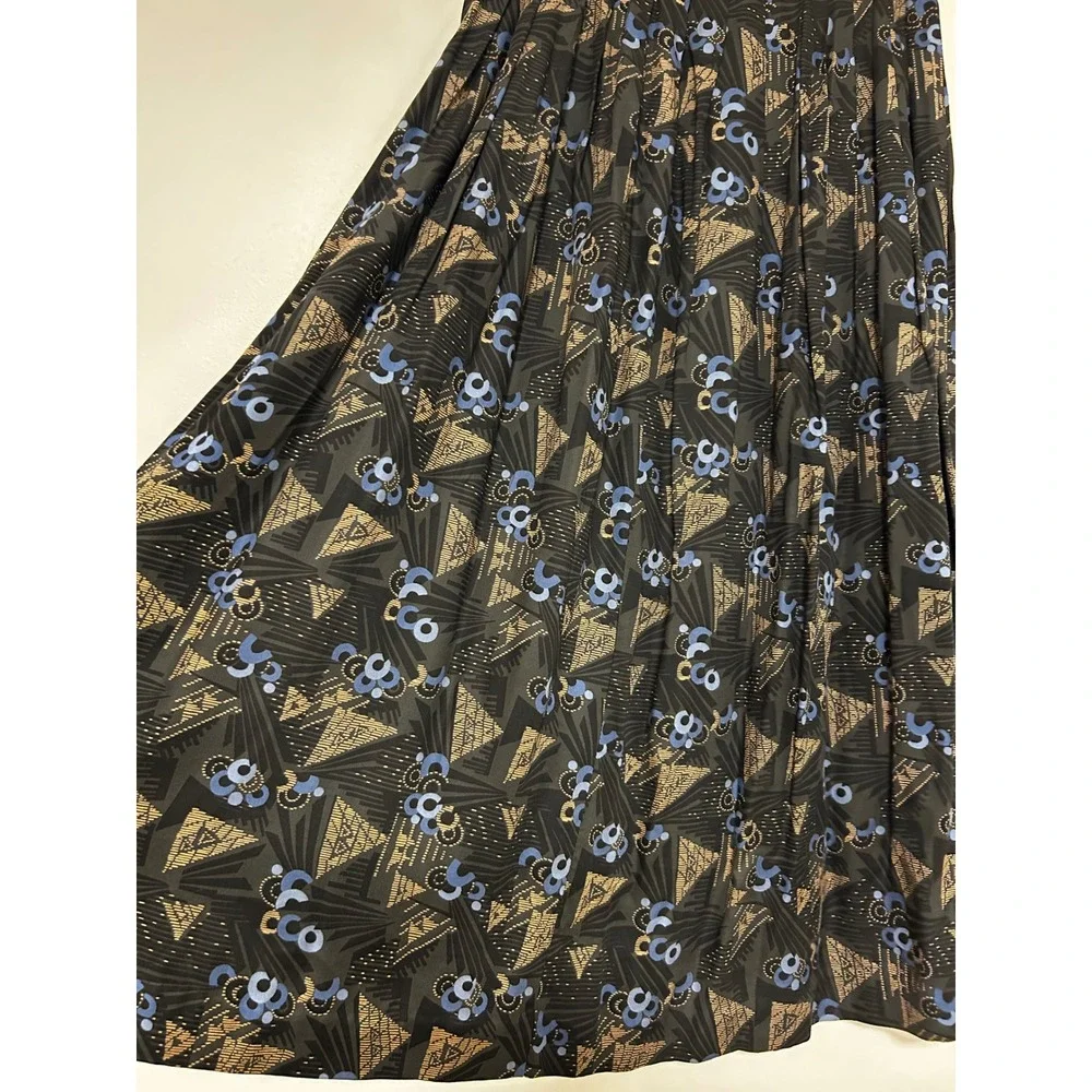 Vintage 80s ILGWU Geometric Print Skirt Set Blue Black Rayon Midi Made in USA